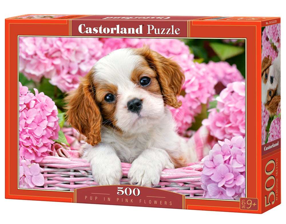 500 Piece Jigsaw Puzzle, Pup in Pink Flowers, Animal puzzle, Dog puzzle; Puppies, Cute dog, Adult Puzzles, Castorland B-52233