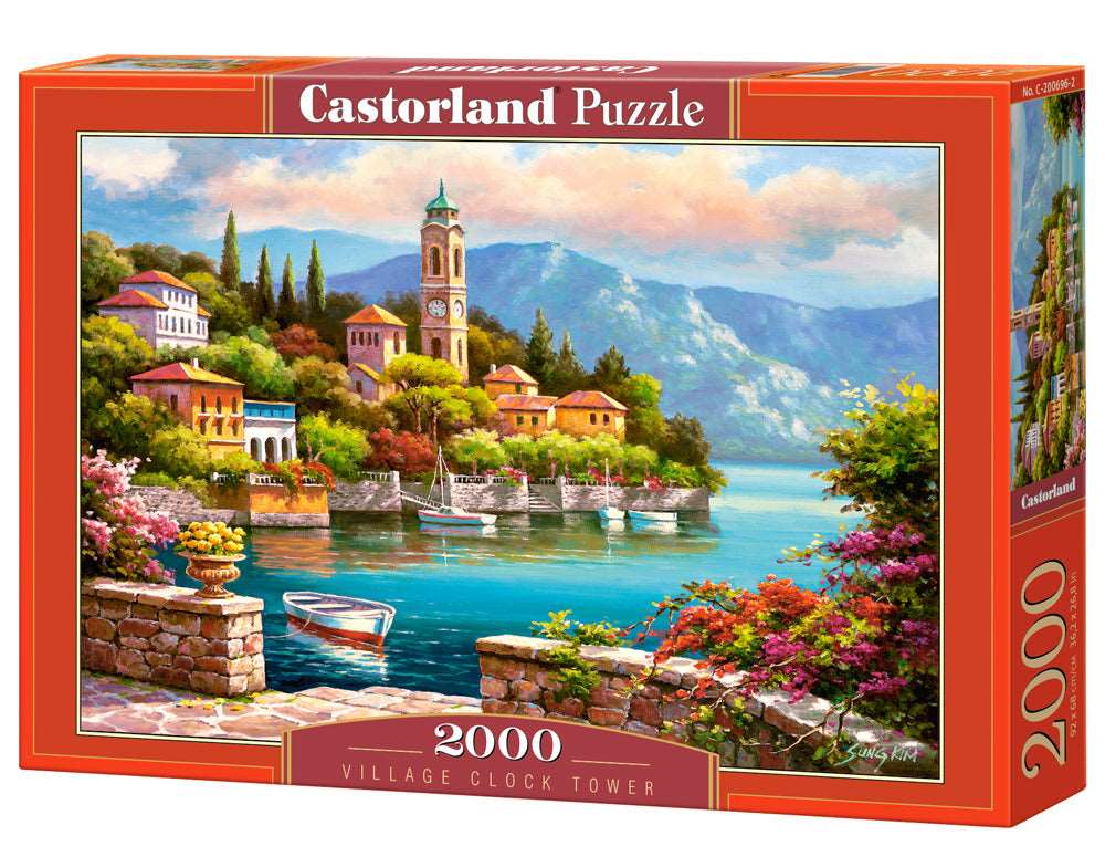 2000 Piece Jigsaw Puzzle, Village Clock Tower, Dolomites, Italy, Idyllic Landscape, Mountains and lake, Adult Puzzles, Castorland C-200696-2