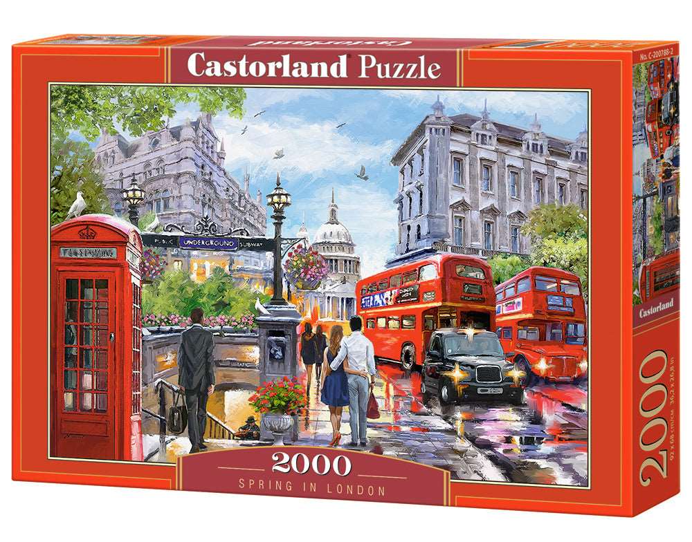 2000 Piece Jigsaw Puzzle, Spring in London, City center, Red Bus, UK, Great Britain, Puzzle of England, Adult Puzzles, Castorland C-200788-2